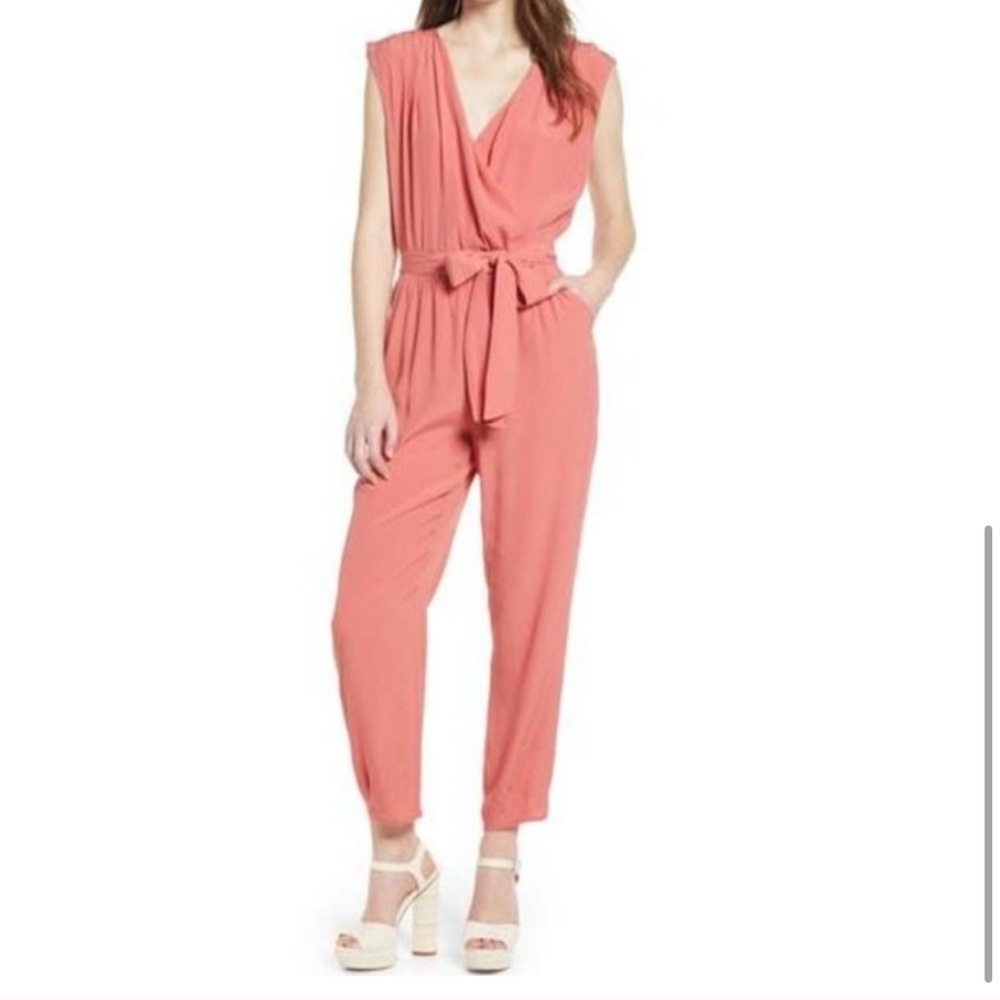 LEITH Nordstrom Faux Wrap Coral Jumpsuit with Waist Tie Small